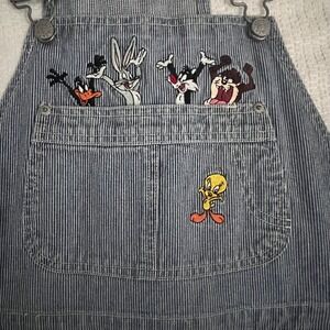 Vintage 1998 Warner Bros Looney Tunes Hickory Stripe Denim Overalls Shorts L